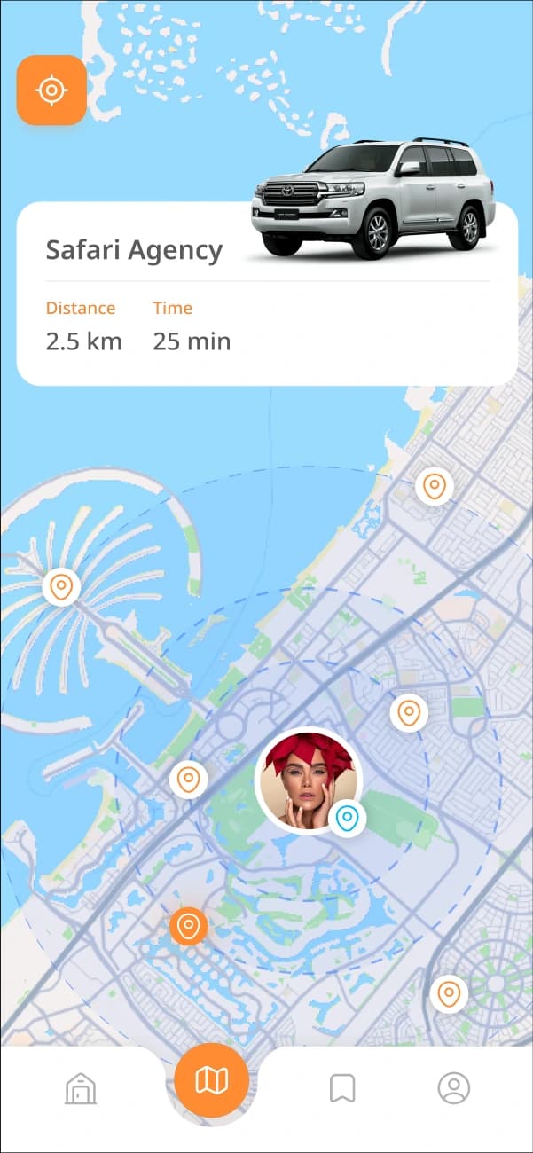 MapMetrics-integrated Dubai car rental application featuring precise location services and navigation routing
