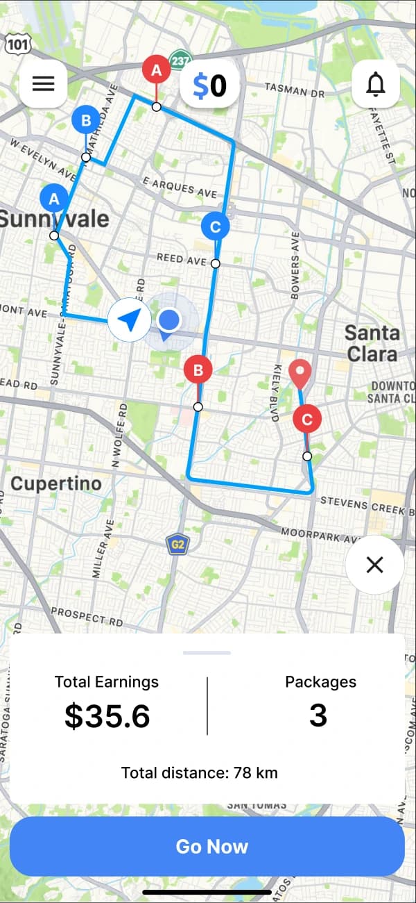 MapMetrics-powered delivery service app showcasing optimized routing and real-time package tracking capabilities