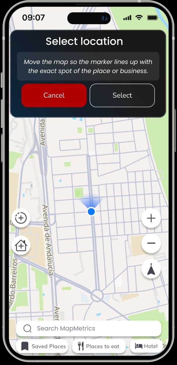 MapMetrics location selection interface